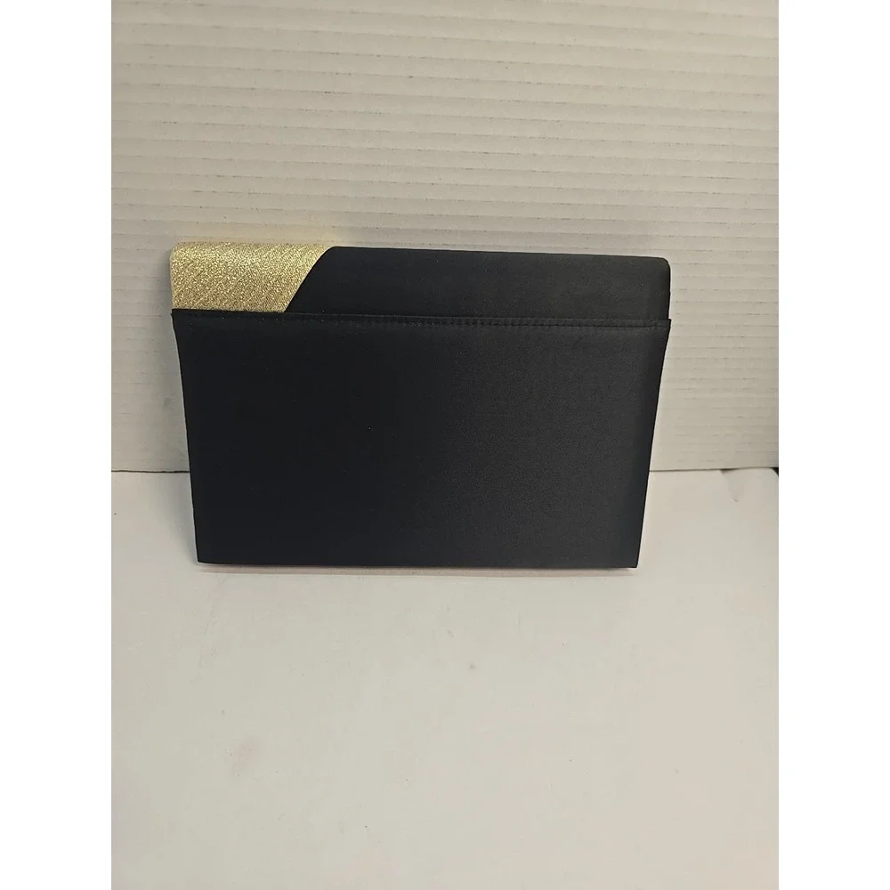 Vintage Black‎ Satin Evening Clutch Gold Rosette Pleated Formal Shoulder Bag